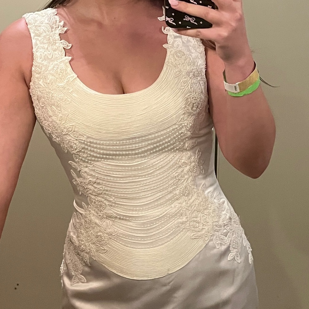 Mon Cheri vintage white satin bridal gown maxi with pearl embellishments - Picture 2 of 8